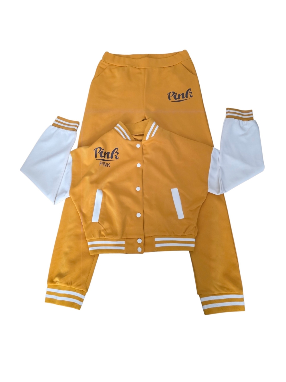 PINK Two-Piece Varsity Jacket & Pants Set - Mustard Yellow & White